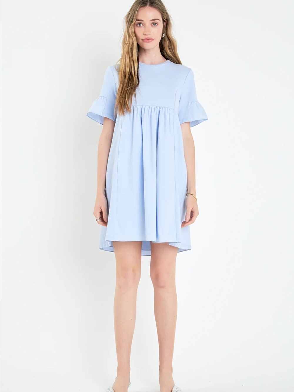 English Factory Light Blue Mixed Media Babydoll Mini Dress With Pockets | Size S